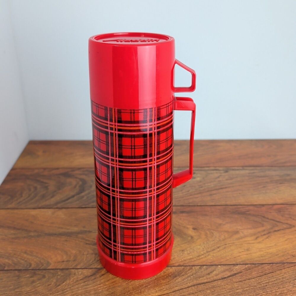 Aladdin Thermos Red & Black Plaid Checkered 1 Quart Vintage Made in USA P45D